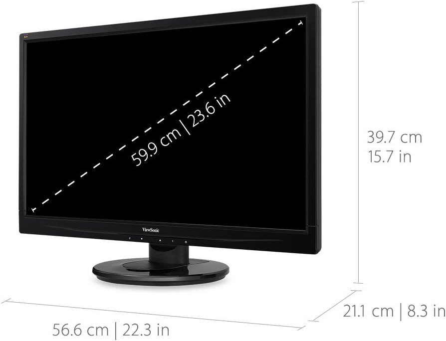 Rajah menunjukkan dimensi bagi ViewSonic VA2446MH-LED monitor, including screen size and overall physical measurements.