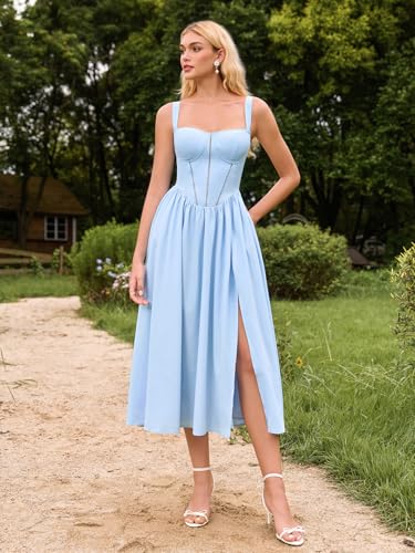 Image of KUTUMAI Floral Corset Midi Dress Flowy Slit Summer Spring Wedding Guest Dresses for Women Sundress with Pockets