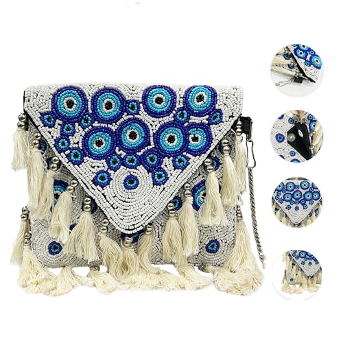Image of Maresse Handcrafted Evil Eye Beaded Crossbody Boho Purse - Bohemian Tassel Bag for Women with Chain - Unique Style Shoulder Handbag - Trendy Festival Fashion Accessories & Chic Essentials