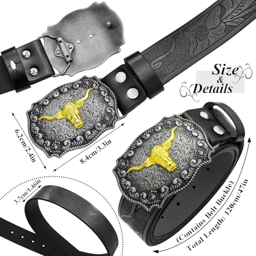 Black Western Cowboy Genuine Leather Belt with Longhorn Bull Buckle and Floral Engraving2