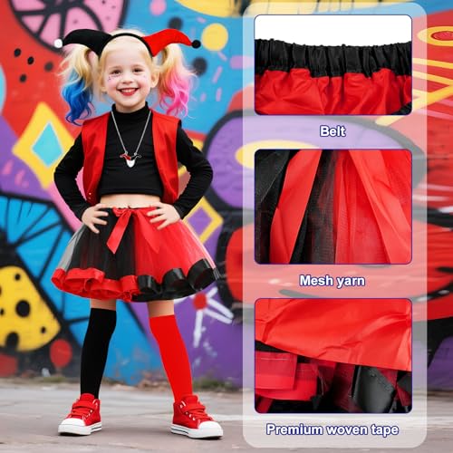 NebulaGlam Quinn Cosplay Costume Kids, Harley Quinn Girls Fancy Dress Halloween Villain Costume, with Headband Skirt Stockings Necklace Scar Stickers, for World Book Day Carnival Cosplay Girl Fancy Dr - Image 2