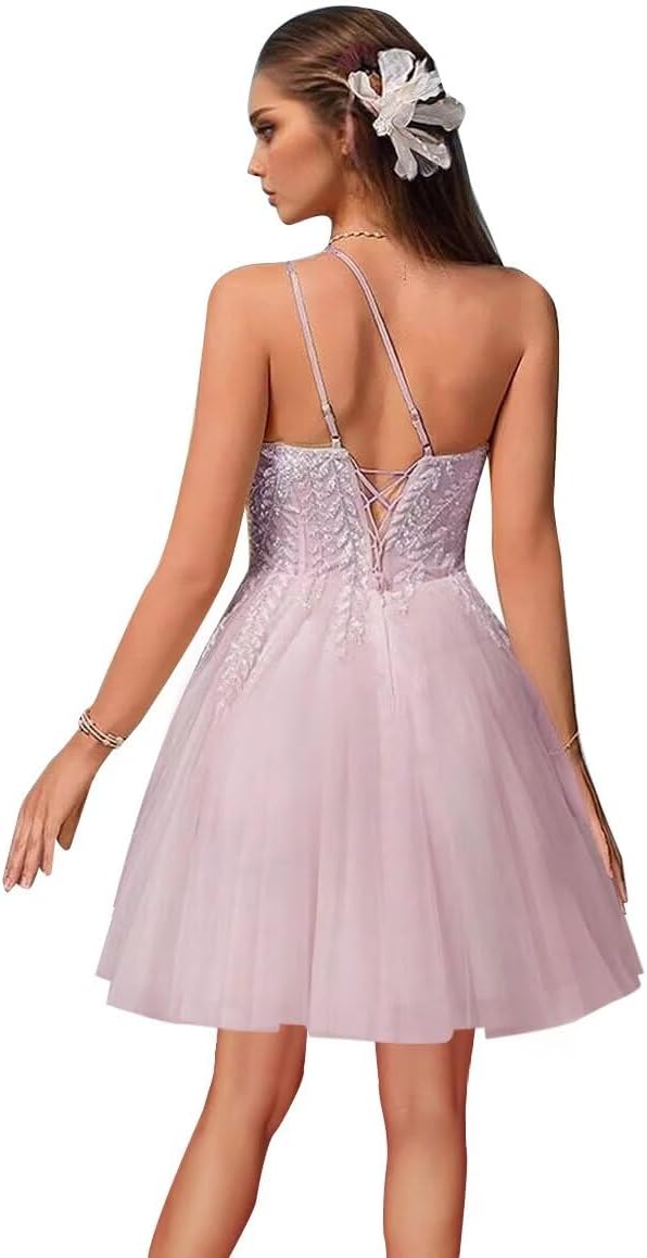 MYDRESS Beaded Tulle Homecoming Dresses 2026 Asymmetrical Neck One Shoulder A Line Short Prom Dresses with Pockets