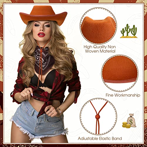 Coume 12 Pcs Adult Cowboy Hat For Women & Men Western Cowgirl Hats With Adjustable Drawstring & Cowboy Party Paisley Bandana(Brown), Bronze #TOP5