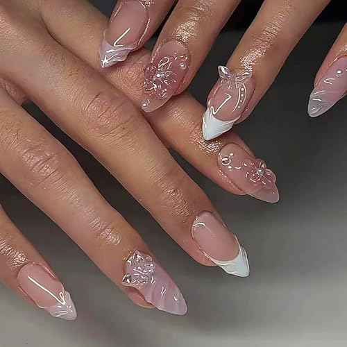 24 Pcs Pink Almond Press on Nails Medium Fake Nails with Glue Reusable False Nails with 3D Flower Butterfly Design Stiletto Nails Acrylic Nail Press ons Spring Nails for Women Nail Art Decorations