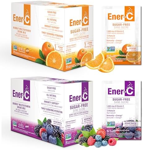 Ener-C Sugar Free Energy Mixed Berry & Orange Multivitamin Drink Mix Vitamin C 1000mg & Electrolytes - Natural Immunity Support with Real Fruit Juice Powders Non-GMO Vegan & Gluten Free - 60 Count