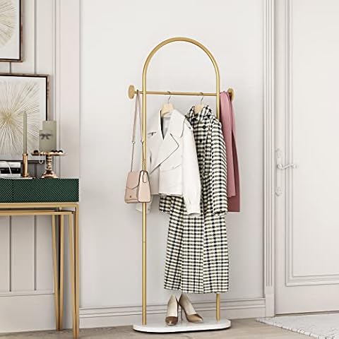 DR.IRON Modern Gold Clothes Racks with Shelves Freestanding, Gold Coat Racks with Marble Base & Coat Hanger with Umbrella for Entryway Hallway, Office or Bedroom Cover