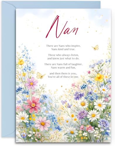 Nan Birthday Card - Wildflower Meadow Design with Lovely Poem - A5 Size Card with Blue Envelope