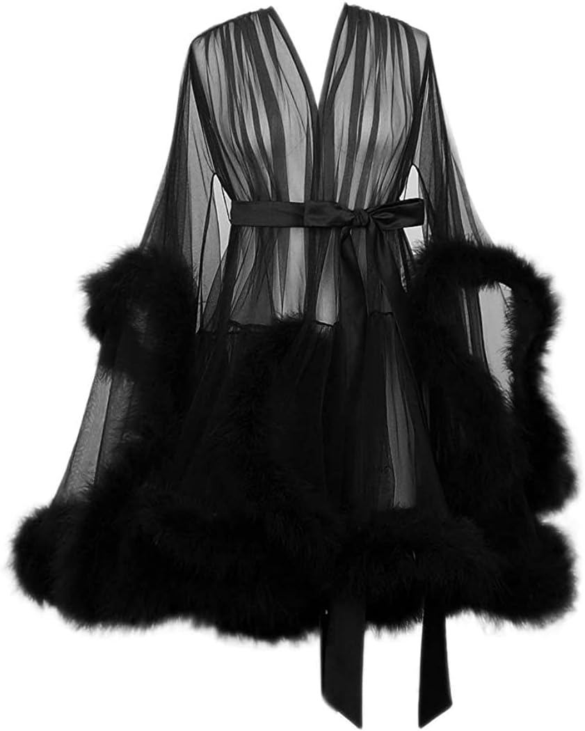 Tulle Feathers Robe Sexy Lingerie Maternity Photoshoot Nightgown Sheer Bridal Wedding Gowns Black XL