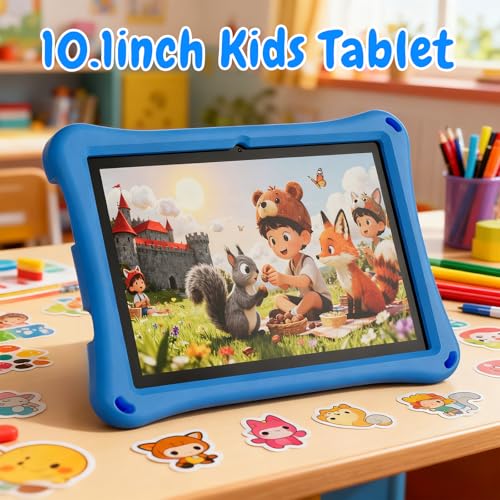 Image of Kids Tablet, 10.1 inch Android Tablet, 12GB+64GB, 1TB Expandable, 5G WiFi 6, BT 5.0, Quad-Core, 6000mAh, Dual Camera, AWAWA Parental Control Mode, Blue Light Eye Protection Screen with Case.