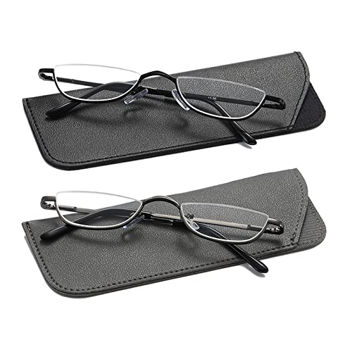 Hubeye 2 pares de lentes de lectura de media luna de metal delgado medio marco lente ultra delgado lectores con bisagras de resorte para hombres y mujeres 2.00 Cover
