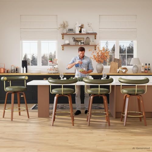 Image of Swivel Bar Stools Set of 4, 26 inch Counter Height Bar Chair, Barstools (Green) | TYBOATLE, Mid-Century Modern, Faux Leather, Bent Wooden Legs, Golden Footrests, Island, Kitchen