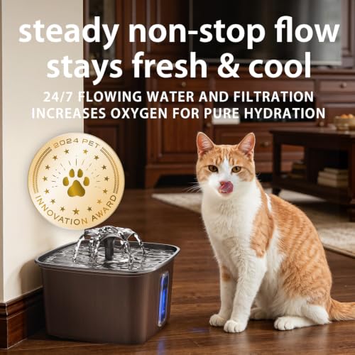 Image of Veken Innovation Award Winner Stainless Steel Cat Water Fountain, 108oz | Automatic Pet Fountain Dog Water Dispenser with Replacement Filters & Silicone Mat for Cats, Dogs (Walnut Brown)