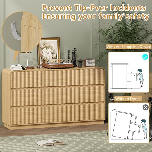 Image of Wodeer Oak Dresser Fluted 9 Drawers Dresser for Bedroom, 59 inch Wide Wood Chest of Drawers with Hidden Handles & Rounded Corners, Modern TV Stand Storage Cabinet for Living Room, Hallway, Entryway