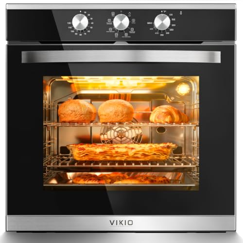 VIKIO HOME Single Wall Oven 24', 2.83 Cu.Ft-80L with 8 Functions Built-in Electric Ovens, 240V, 3220W Fast Preheat, Mechanical Knob Control for Easy Cooking