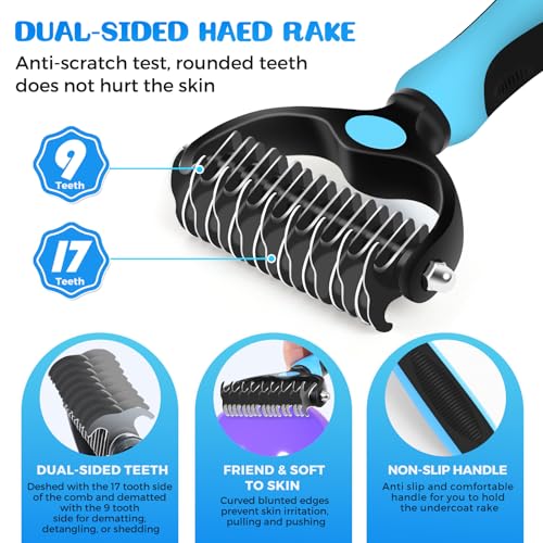 Image of 4Pc Self Cleaning Dog Brush Kit, Pet Shedding Grooming Tool, Blue | Skin friendly gentle massage beads; ideal for short long haired cats; removes loose fur, undercoat, mats & tangled hair.