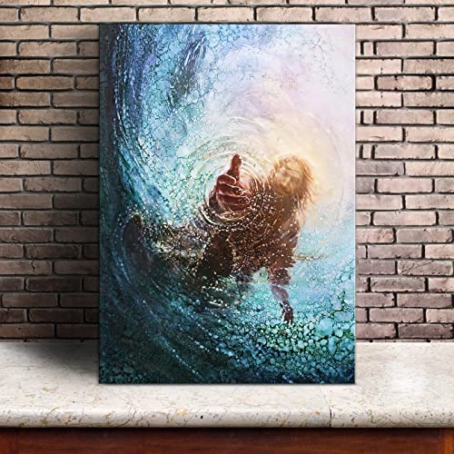 Jesus Christ Canvas Wall Art Jesus Saving Peter From Drowning Modern Religious God Poster Hd Framed Print Painting Picture Artwork For Bedroom Living Room Decor 24"X36",With Frame #TOP3