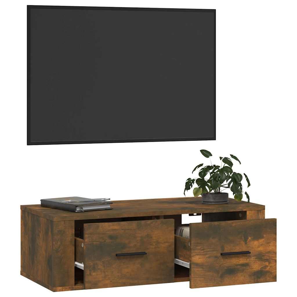 Armoire TV Suspendue en Bois d'ingénierie Chêne fumé 80x36x25 cm avec tiroirs pour Salon, séjour ou Chambre, Support Mural Moderne et Robuste pour écran multimédia
