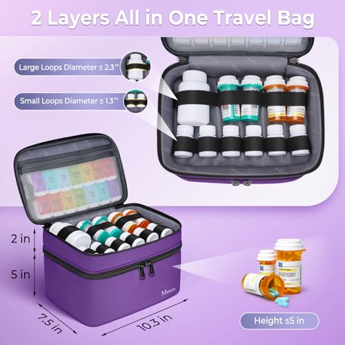 Image of Mancro Dual Layers Pill Bottle Organizer Bag, Medicine Pill Organizer Bag with Lockable Zipper, Medicine Travel Bag for Pills, Vitamins, Pill Cutters, Medical Supply for Home Storage, Purple