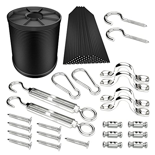 YQL Outdoor Lights Hanging Kit,Globe String Lights Suspension Kit,82ft Black Vinyl-Coated 304 Stainless Steel Cable,String Light Guide Wire,Turnbuckle Wire Rope Tension with Hooks