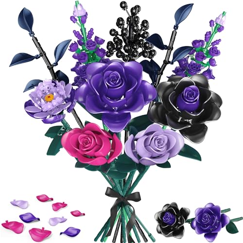 Kit de Construction Bouquet de Fleurs, 701 PCS Flowers Artificielles avec Roses Pourpres et Noires, Cadeau pour Enfants 6+ Noël, Adultes pour Lui ou Elle Saint-Valentin Fête des Mères Anniversaire
