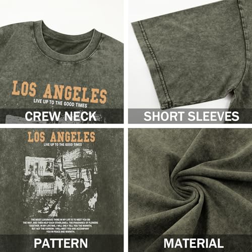 Image of Oversized Boys Graphic Tees Acid Wash Los Angeles Tshirt Youth Cotton T Shirt Crewneck Tee Kids Short Sleeve Tops