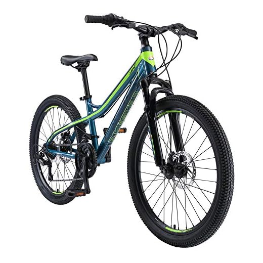 BIKESTAR Bicicleta de montaña de Aluminio Bicicleta Juvenil 24 Pulgadas de 10 a 13 años | Cambio Shimano de 21 velocidades, Freno de Disco, Horquilla de suspensión | niños Bicicleta Azul Verde