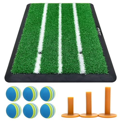 GolfStyle ゴルフマット 軌道確認 白線3本 練習 ゴム土台 素振り ドライバー アイアン スイング ショットマット 人工芝 34×44cm ゴルフボール Eセット (ブルー)