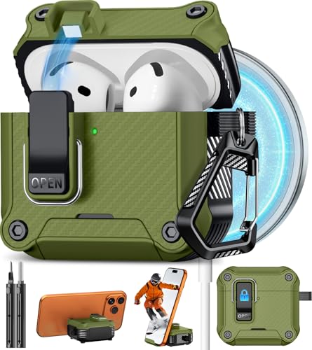 Image of Pohgelan for AirPods 4 Case with Safety Lock-Dark Green | Carbon Fiber Texture Cover,Magnetic Automatic Lock with Cleaning Kit&Keychain,Compatible with Magsafe