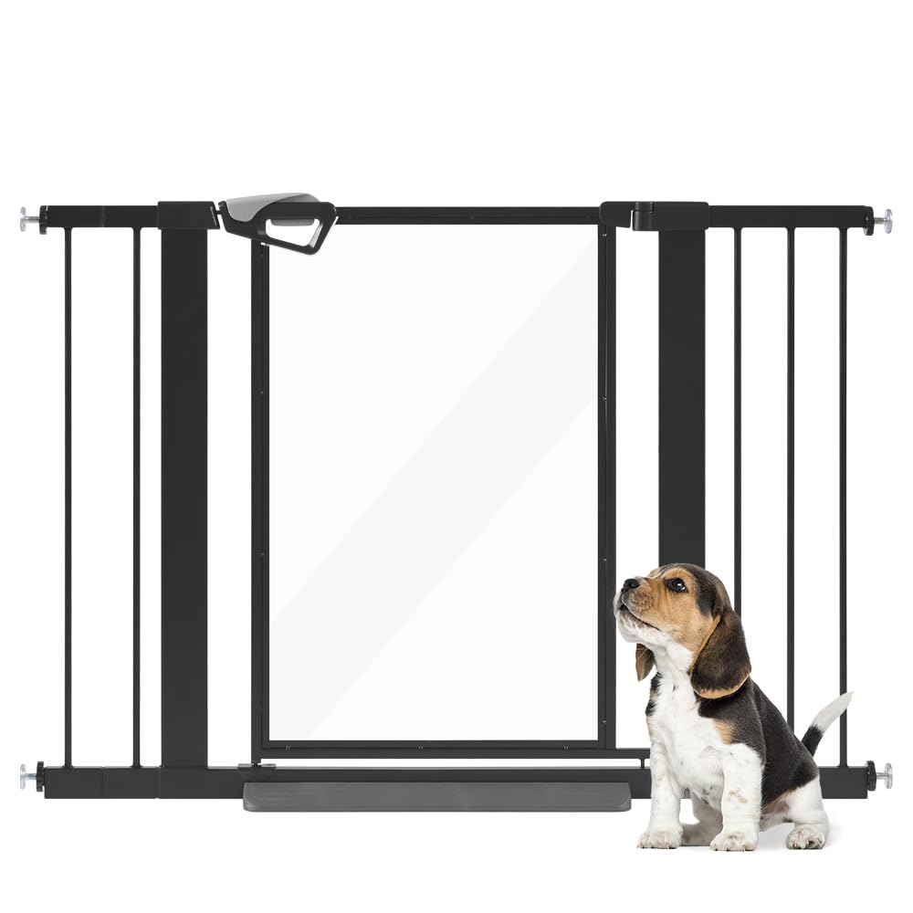 unipaws clear dog gate for doorway stairs wide openings, pressure mounted extra wide pet door with extension parts, no drilling walk through gate, indoor, black