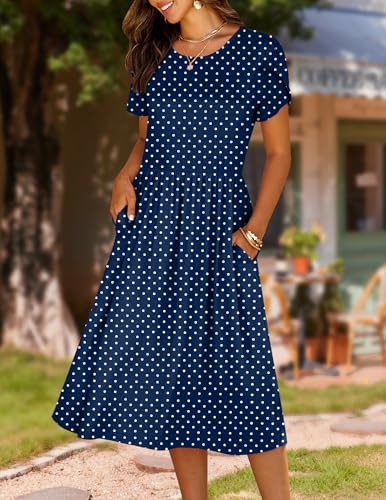 Image of HOTOUCH Women's Summer A-Line Midi Dresses 2026 Casual Floral Short Sleeve T-Shirt Dress Flowy Beach Sundress with Pockets