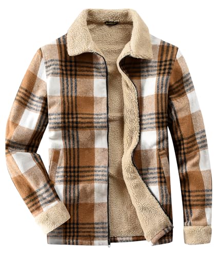 Fozexi Womens Sherpa Lined Jackets Sherpa Turn-Down Collar Full Zip Fleece Flannel Jacket for Women Trendy Khaki Large
