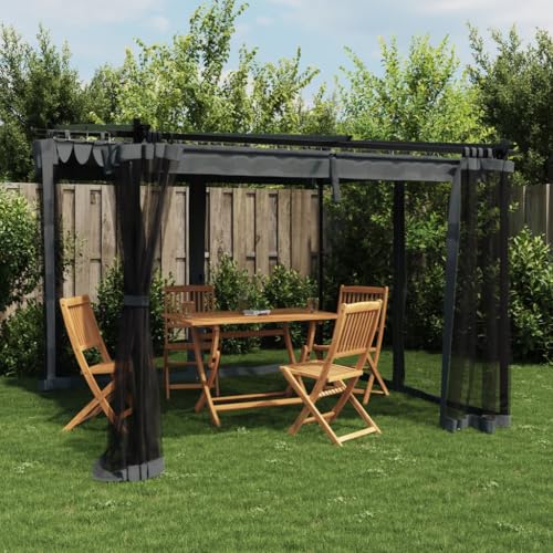 Pergolas de Jardin, Estructura de Acero y Aluminio con Techo Retráctil, Paredes de Malla Antivirus, para Terraza, Jardín o Exterior, Color Antracita, 296 x 296 x 230 cm