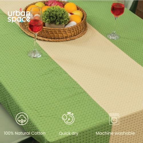 Image of Urban Space 100% Cotton Waffle Weave Dining Table Cover for 6 Seater, Table Cloth with Panelled Design, 6 Seater Cotton Table Cover for Center Table (Sage Green & Beige, 6 Seater, 48 inch x 92 inch)