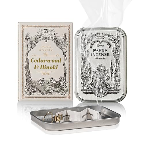Paper Incense - 48pcs with Vintage Tin Case Burning Papers Infused with Natural Essential Oils Quick Usage & Long-Lasting Fragrance Eliminating Bathroom Kitchen Pet Odors - Cedarwood & Hinoki
