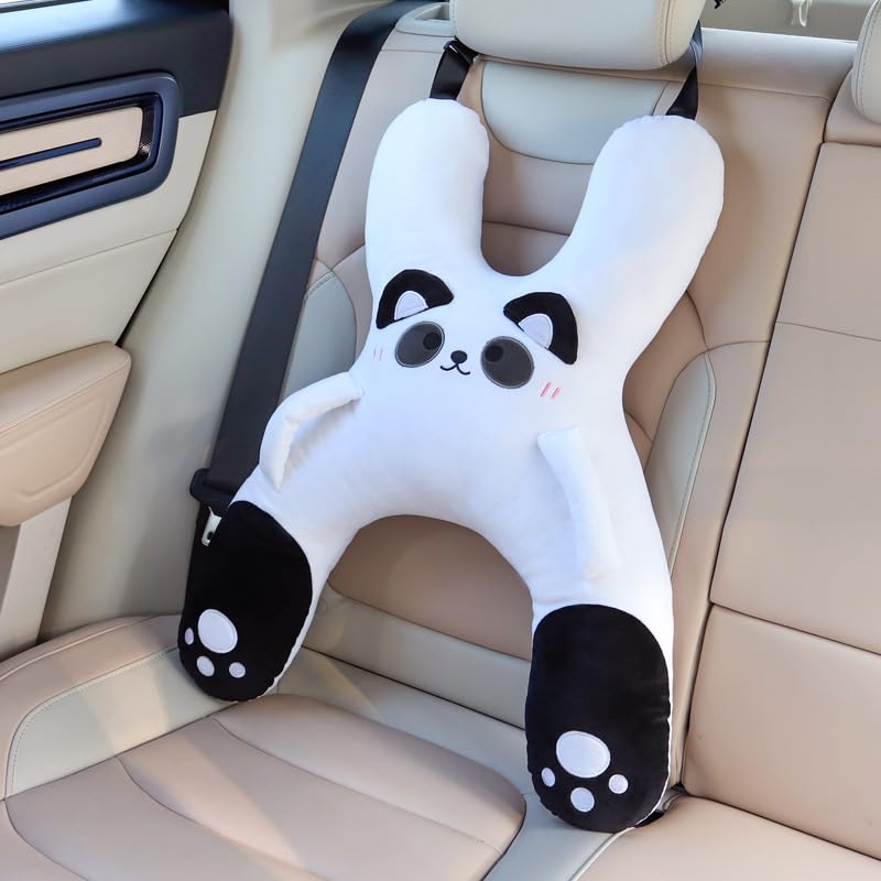 Image of Car Pillow for Travel - Animal-Themed Car Seat Cushion with Safety Belt Protector - 4 Cute Styles: Pig, Dog, Rabbit, Panda (Panda)