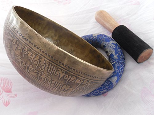 Mantra Carved 8" Crown B Chakra Tibetan Bowls, Beaten Hammered Singing Bowls, Hand Carving, Nepal With Cushion & Striker #TOP6