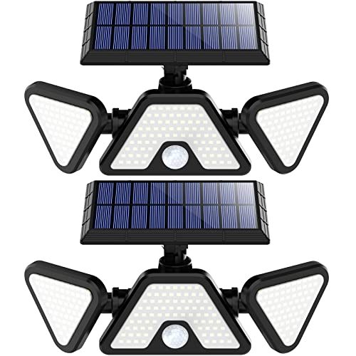 Neloodony Motion Sensor Outdoor Lights, 203 LED Solar Lights Outdoor Waterproof, 3 Heads Solar Outdoor Lights, 270° Wide Angle Solar Lights for Outside, Yard, Front Door, Step (2 Packs)