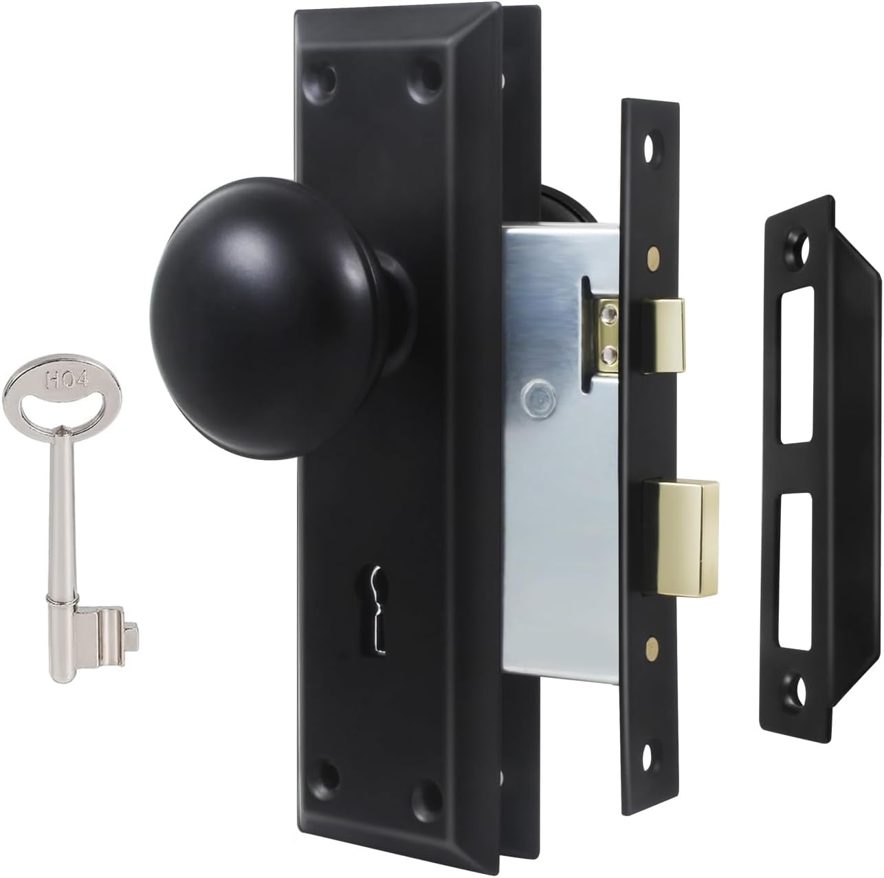 Mortise Lock Set for Interior Door, Vintage Antique Door Knobs with Lock and Skeleton Key, Old Door Knob Replacement Fits 1-3/8 in 1-3/4 in, Matte Black Finish Mortise(1 Pack) Matte Black