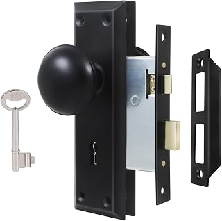 Mortise Lock Set for Interior Door, Vintage Antique Door Knobs with Lock and Skeleton Key, Old Door Knob Replacement Fits 1-3/8 in 1-3/4 in, Matte Black Finish