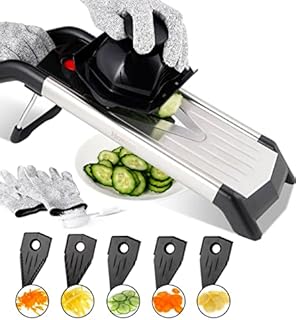 Premium V Blade Mandoline Slicer, Cutter, Julienne and Food Grater. Best for Slicing Vegetables, Potatoes, Tomatoes and Onions. Includes 5 Inserts, Cleaning Brush, Blade Safety Sleeve