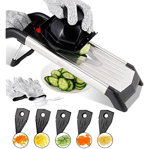 Premium V Blade Mandoline Slicer, Cutter, Julienne and Food Grater. Best for Slicing Vegetables, Potatoes, Tomatoes and Onions. Includes 5 Inserts, Cleaning Brush, Blade Safety Sleeve Cover