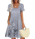 Picture of Sherosa Summer Dresses for Women 2024 Beach Floral Sundress Short Sleeve Pockets Casual Tshirt Dress(Gray-Print,Small)