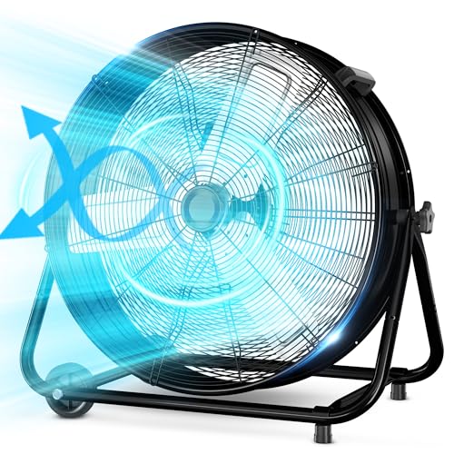 LifePlus 24 Inch Industrial Drum Fan High Velocity Floor Shop Fan 3 Speed, Heavy Duty Metal Air Circulator with Adjustable Tilt & Large Wheel for Warehouse, Garage, Factory, Patio, Barn, Black