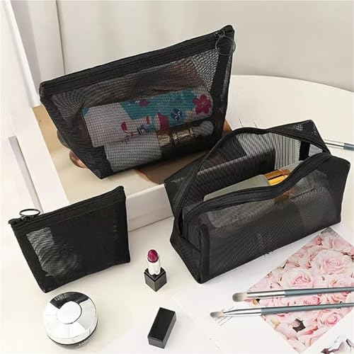 Trousse de maquillage en maille transparente avec fermeture éclair robuste