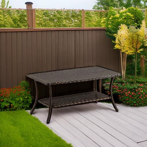 Miniatura 6 de HUMMUH Mesa de centro de mimbre para patio, mesa de centro de ratán para exteriores con 2 capas de almacenamiento para jardín, porche, patio trasero