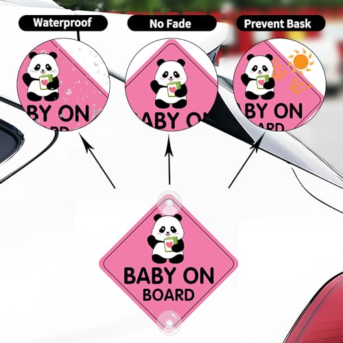 Image of Baby On Board Sticker for Cars, Cute Panda PVC Car Suction Cup Kids On Board Safety Warning Sign for Car Rear Side Window (1PCS, Suction Cup,Pink)
