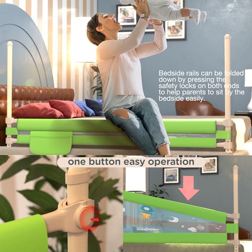 Image of BAYBEE Baby Bed Rails Guard Kids Safety (180x63 cm) | Portable Bed Rail Falling Protector Fence with 7 Adjustable Heights | Foldable BedRail for Newborn Boys Girls (Pack-2, Green)
