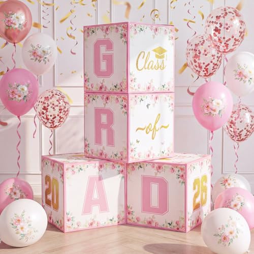 Qunclay 4 Pcs Graduation Boxes Pink Gold Floral Stackable with Grad Letters