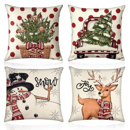 4 Stück Kissenbezug Weihnachten 40x40, Schneemann, Weihnachtsbaum,...