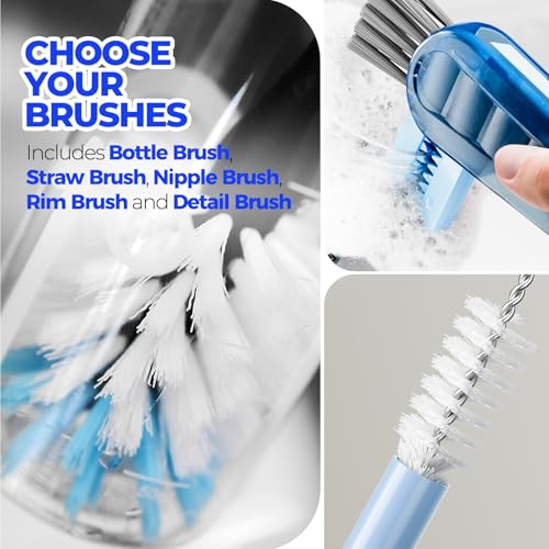 Image of Holikme 6 Pack Bottle Brush Set, 14 inch Long Handle Stainless Steel Bottle Cleaner Brush, 3 Straw Brushes, 4-in-1 Bottle Cleaning Brush for Water Bottle, Baby Bottle, Blue&White